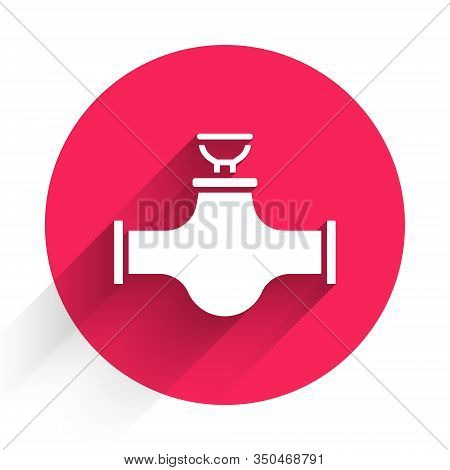 White Industry Metallic Pipe And Valve Icon Isolated With Long Shadow. Red Circle Button. Vector Ill
