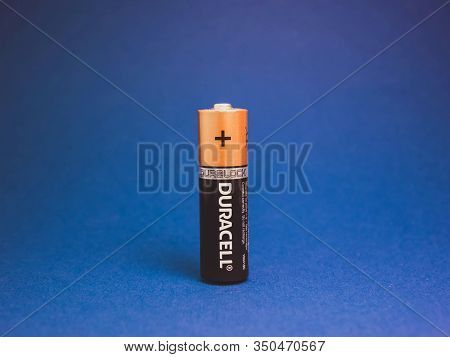 Russia Moscow January 29, 2020. Battery Duracell On A Blue Background