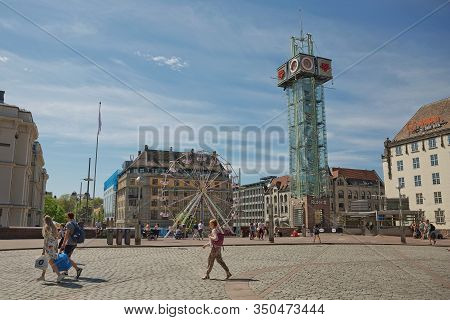 People Enjoying Summer Day At Plaza In Front Of Central Station In Oslo, Norway