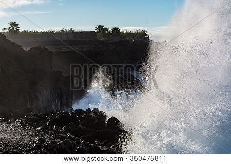 Dangerious Ocean Stormy Waves Hits Black Lava Rocks On La Palma Island, Canary, Spain, Bad Winter We