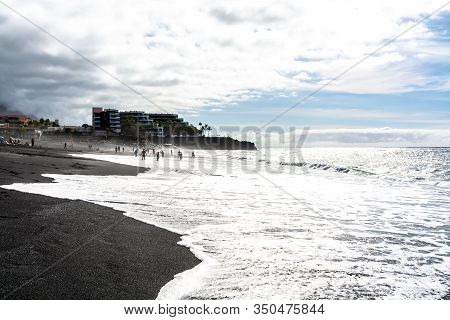 Black Lava Sand Beach In Puerto Naos, La Palma, Canarian Islands, Spain In Winter