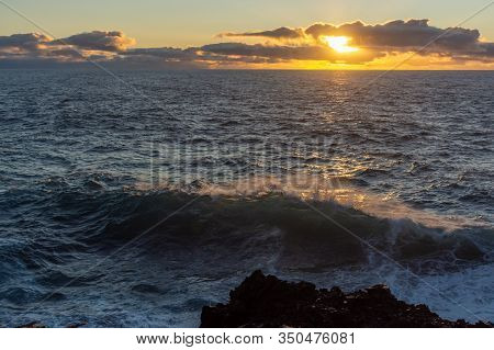 Dangerious Ocean Stormy Waves Hits Black Lava Rocks On La Palma Island, Canary, Spain, Bad Winter We