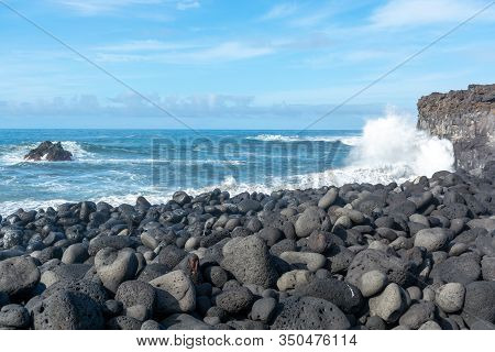 Dangerious Ocean Stormy Waves Hits Black Lava Rocks On Playa De La Bombilla, La Palma Island, Canary