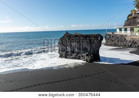 Black Lava Sand Beach In Puerto Naos, La Palma, Canarian Islands, Spain In Winter