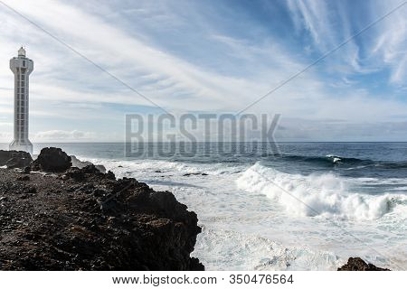 Dangerious Ocean Stormy Waves Hits Black Lava Rocks By Faro De Las Hoyas, La Palma Island, Canary, S