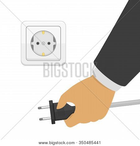 Hand Disconnecting Electric Plug. White Electric Socket And Hand With Power Plug. Energy Cable Off. 