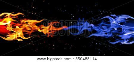 Blue and red flame. Cold and warm concept. Horizontal abstract background.
