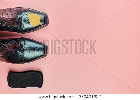 Autumn Waterproof Woman Shoes With Rain Drops And Polish Sponge, Copy Space. Shoe Care Concept. Rain