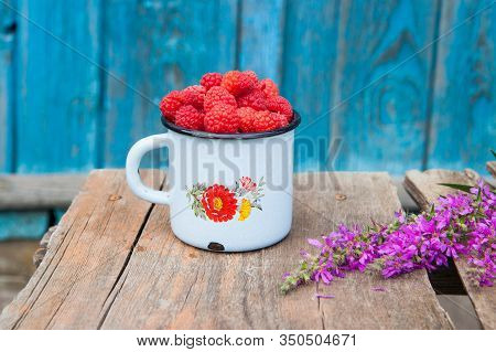 Old Enamel Cup With Handful Of Fresh Rasperries And A Bunch Violet Field Flowers On Rustic Wooden Ta