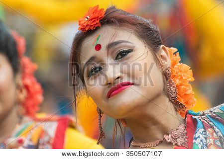 Kolkata, India - 1st March 2018 : Portrait Of Girl Dancer, Dressed In Sari, Traditional Indian Dress