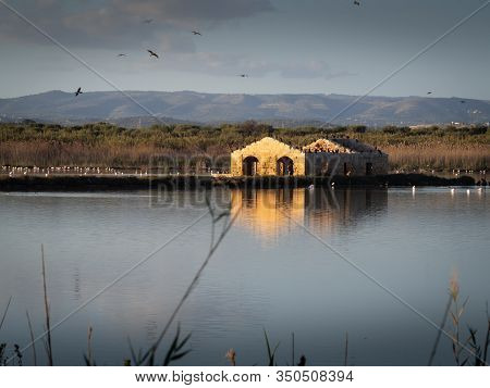 A Ruined Building Reflecting Into The Water With Birds On Top Of It