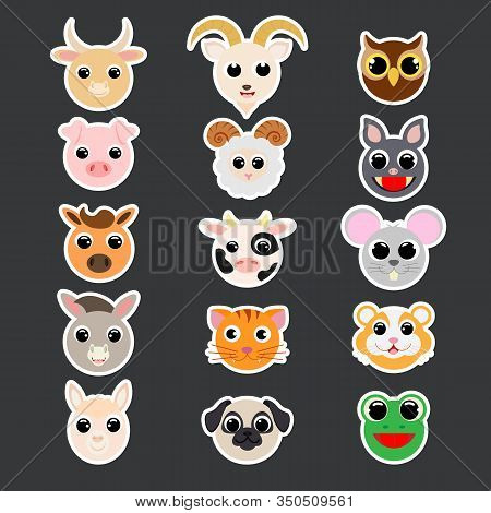 Stickers Of Cute Domestic Heads. Cartoon Characters. Flat Vector Stock Illustration. Cute Heads Of P