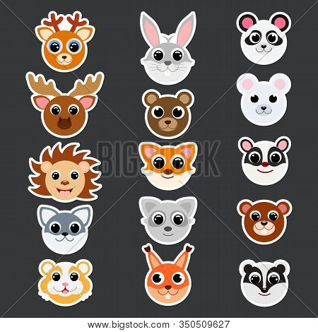 Funny Cute Forest Animals Head Stickers. Cartoon Characters. Flat Vector Stock Illustration. Cute De