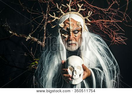 Man Wizard With Skull. Devil Horror Concept. Bearded Old Man Dressed Like Halloween Monster. Man Wit