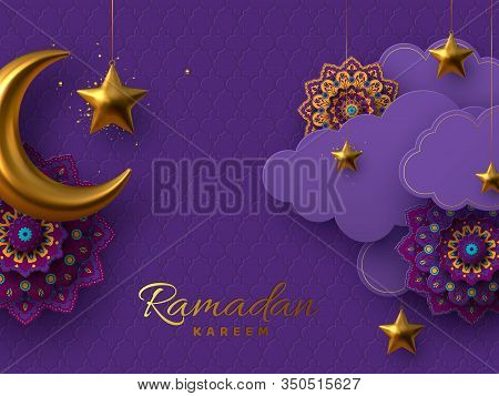 Ramadan Kareem Vector Card With 3d Golden Metal Crescent, Stars, Paper Cut Clouds And Flowers. Viole
