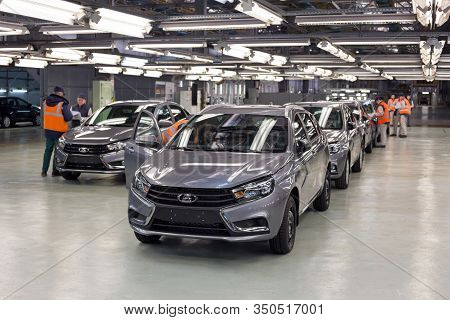 Russia, Izhevsk - December 14, 2019: Lada Automobile Plant Izhevsk. Checking New Cars Before Leaving