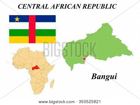 Central African Republic. Capital Of Bangui. The Flag Of The Central African Republic. Map Of The Co