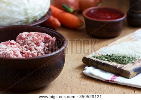Ingredients For The Preparation Of A Traditional Moldavian Or Romanian Dish Of Stuffed Cabbage.
