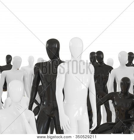 Black And White Man On The Background Of A Group Of Faceless Mannequins. 3d Rendering