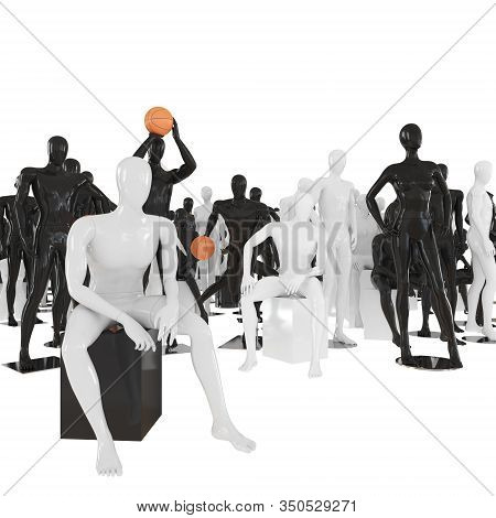 A Sedentary Mannequin Against The Background Of A Group Of Other Dummys In Different Poses. 3d Rende
