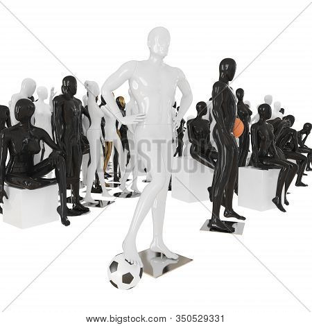 A White Mannequin Stands With His Foot On A Soccer Ball Amid A Group Of Others Dummys. 3d Rendering