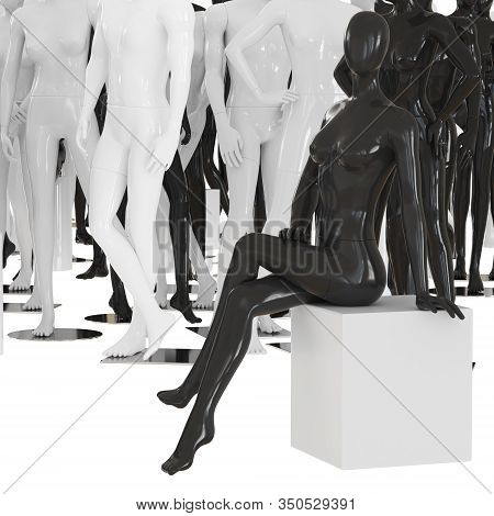A Black Female Mannequin Sits On A White Box On A Background With Different Plastic Figures. 3d Rend