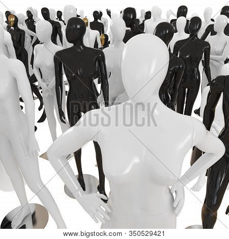 White Female Mannequin Stands On The Background With Different Plastic Figures. 3d Rendering