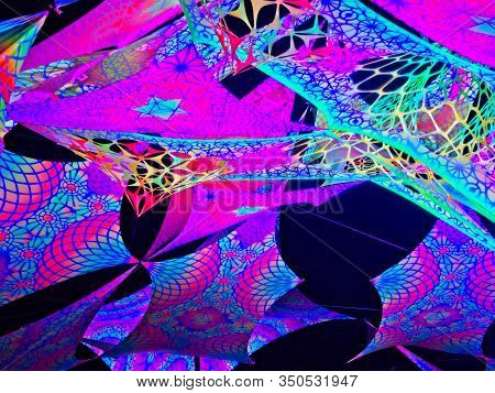 Colorful Lycra Psytrance Stage Uv Active Decorations At Night.