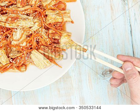 Spicy Chinese Or Korean Yuba Tofu Bamboo And Carrots Salad On Wooden Background