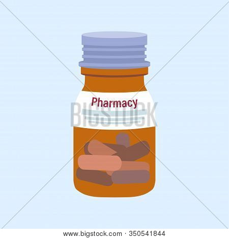 Glass Jar With Capsules, Tablets Nin Flat Style Isolated On Blue Background.storage Tank.vector Illu