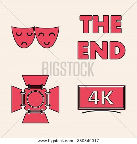 Set Screen Tv With 4k Ultra Hd Video Technology , Comedy And Tragedy Theatrical Masks , The End Hand