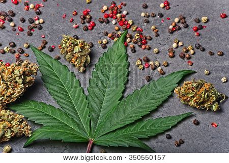 Cannabis Buds And Leaf With Red Color Pepper. Caryophyllene Terpene Concept On Grey Background. Deta