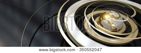 3D rendering of a glolden earth with swirls suggesting orbits and rotation