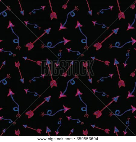 Seamless Pattern Of Watercolor Arrows In Purple And Turquoise Colors. Hand Painted Illustration On B