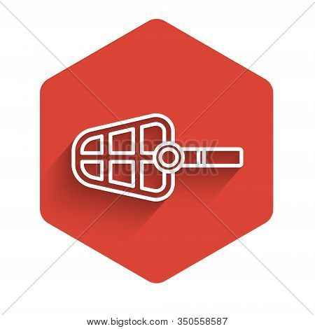 White Line Dog Muzzle Icon Isolated With Long Shadow. Red Hexagon Button. Vector Illustration