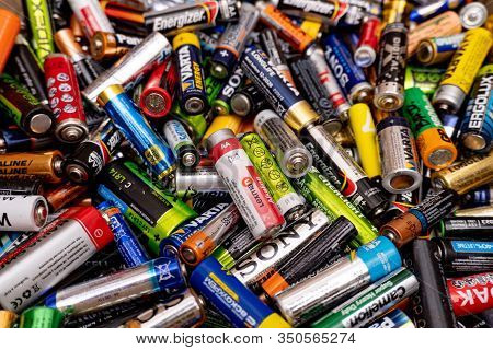 Kiev, Ukraine, 12 February 2020 - A Pile Of Batteries Of Different Brands - Duracell, Sony, Varta, P