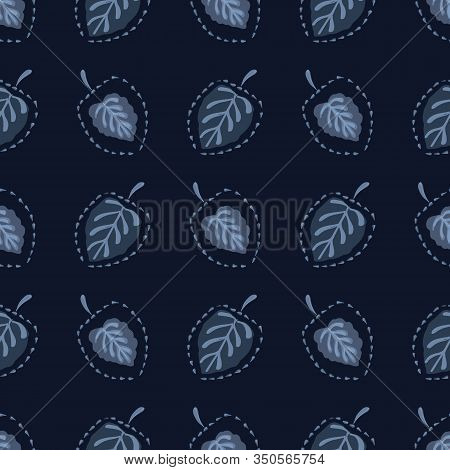 Classic Blue Japanese Leaves Background. Dark Indigo Dye Seamless Vector Pattern. Hand Drawn Delicat
