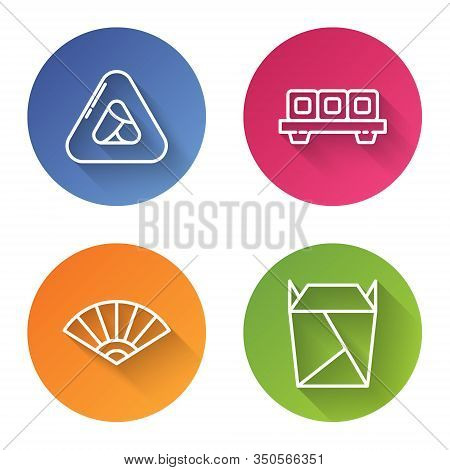Set Line Sushi, Sushi On Cutting Board, Paper Chinese Or Japanese Folding Fan And Rstaurant Opened T