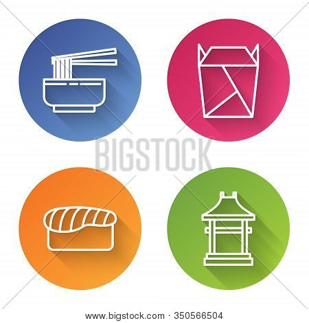 Set Line Asian Noodles In Bowl And Chopsticks, Rstaurant Opened Take Out Box Filled, Sushi And Japan