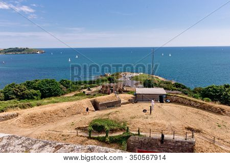 Falmouth, Cornwall, England - July 25, 2018:  Sailing Boats In River Fal Estuary From Pendennis Cast