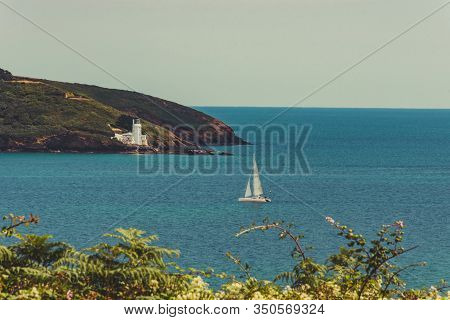 Falmouth, Cornwall, England - July 25, 2018:  Sailing Boats In River Fal Estuary From Pendennis Cast