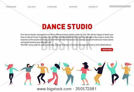 Dance Studio Landing Page. Vector Dancing People Illustration. Dancing Studio Rehearsal. Young Men A