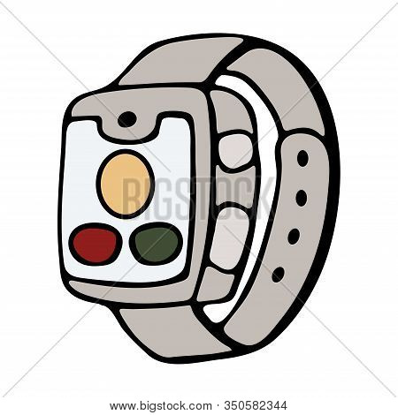 Fitness Tracker Smart Watch With Heart Rate Monitor, Cartoon Doodle Vector Style Design. Modern Styl