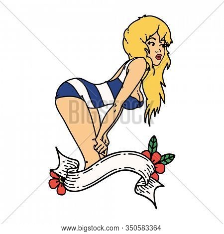 tattoo in traditional style of a pinup girl in swimming costume with banner
