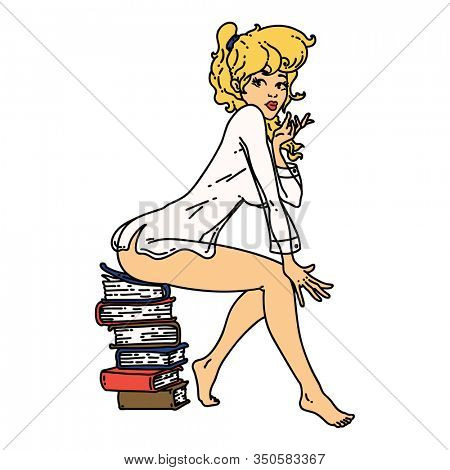 tattoo in traditional style of a pinup girl sitting on books