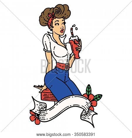 tattoo in traditional style of a pinup girl drinking a milkshake with banner