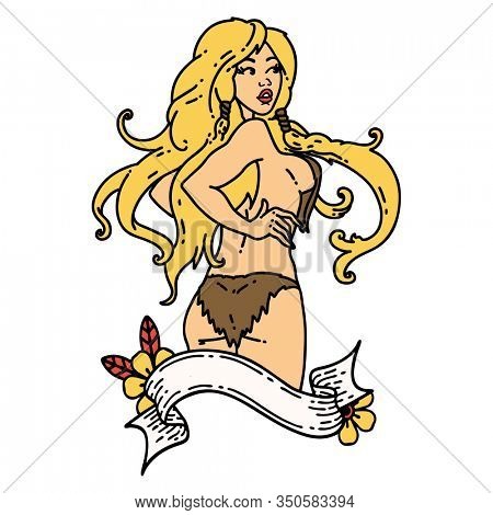 tattoo in traditional style of a pinup viking girl with banner
