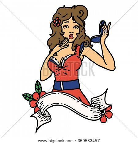 tattoo in traditional style of a pinup suprised girl with banner