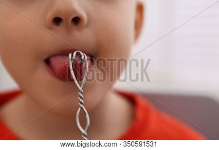 Little Boy Doing Exercise With Logopedic Probe At Speech Therapist Office, Closeup