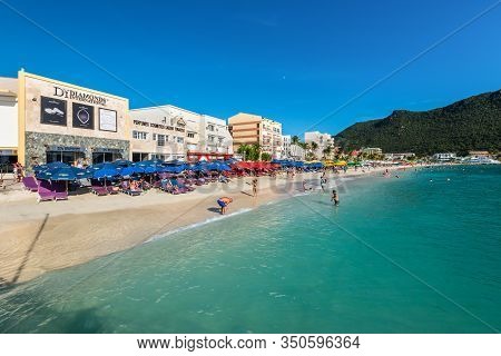 Philipsburg, St. Maarten - December 17, 2018: The Great Bay Beach In Philipsburg, Sint Maarten. The 